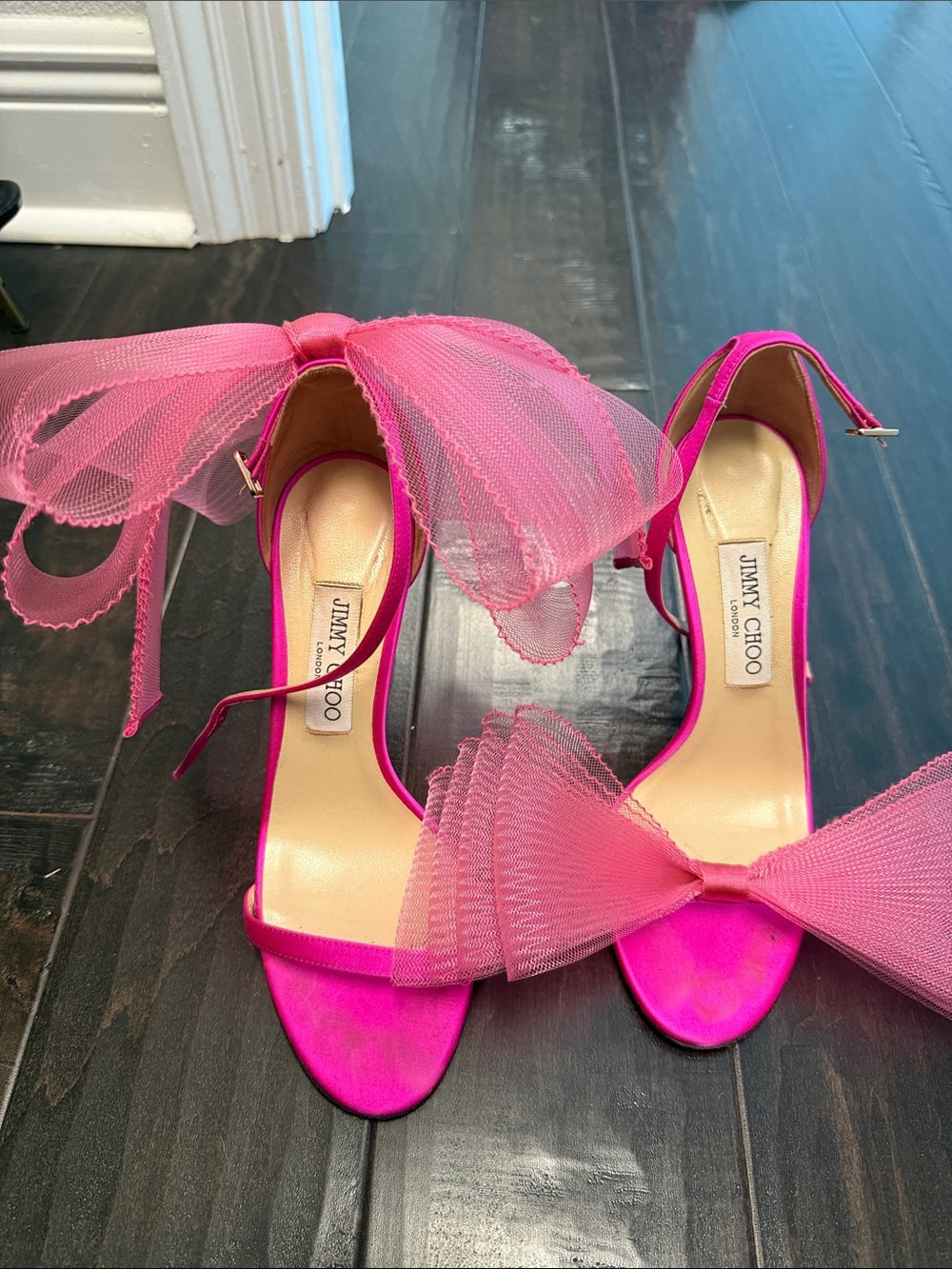 Jimmy Choo Fuchsia Satin Bow Ankle-Strap Sandals